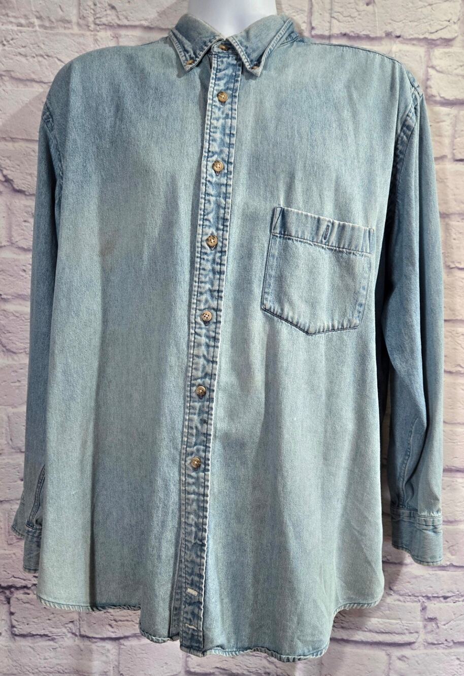 Natural Exchange Faded Blue Denim Button Up Men's Shirt 18/2XL Long Sleeves